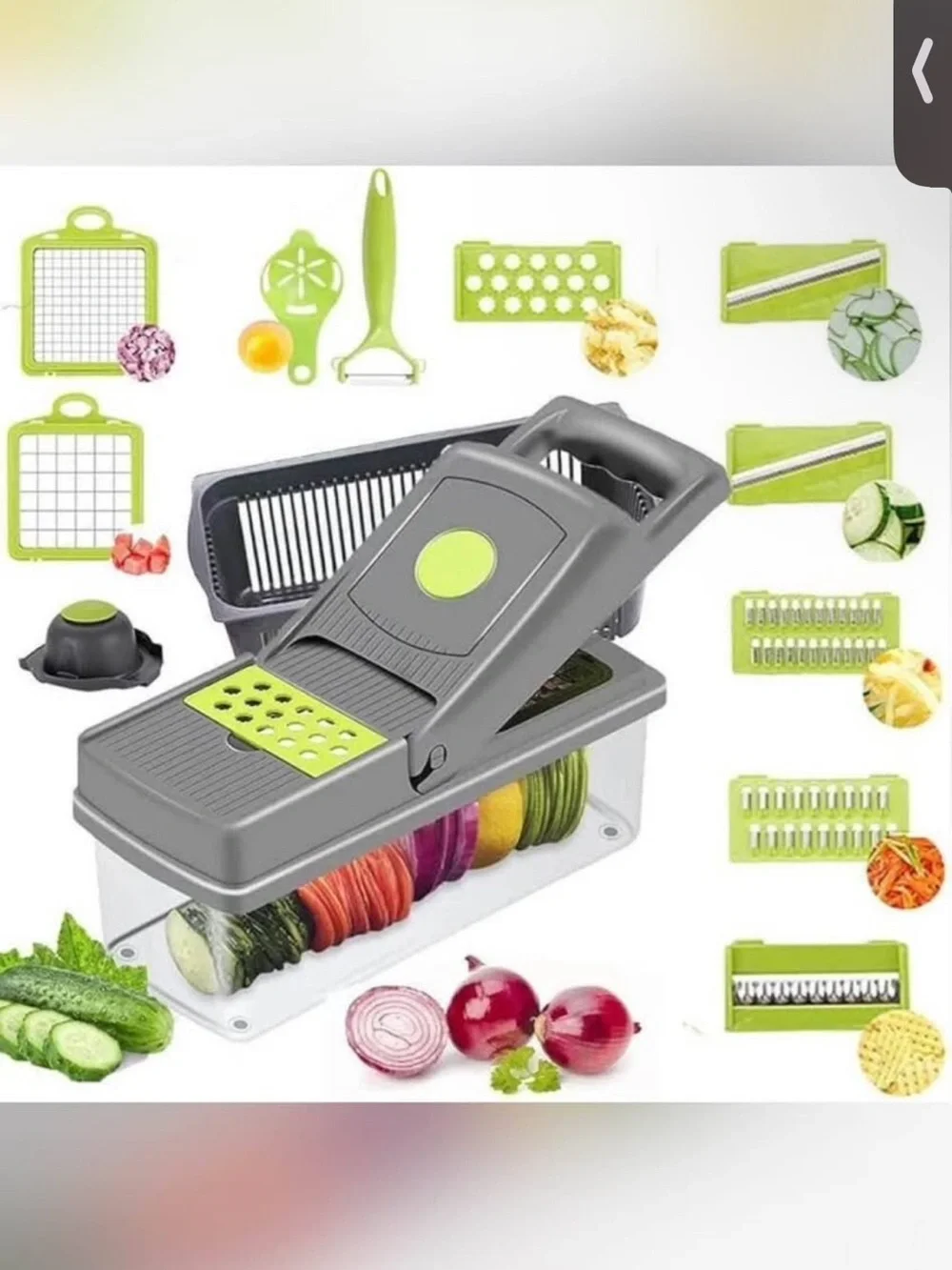 14 in 1 Multi-Function Vegetable Slicer & Mandoline Chopper - Gray & Lime